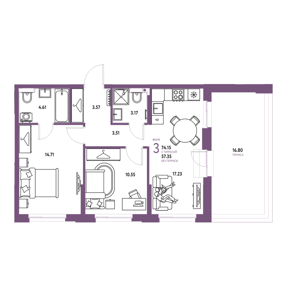 Планировка: Евротрёшка 74,15 м²