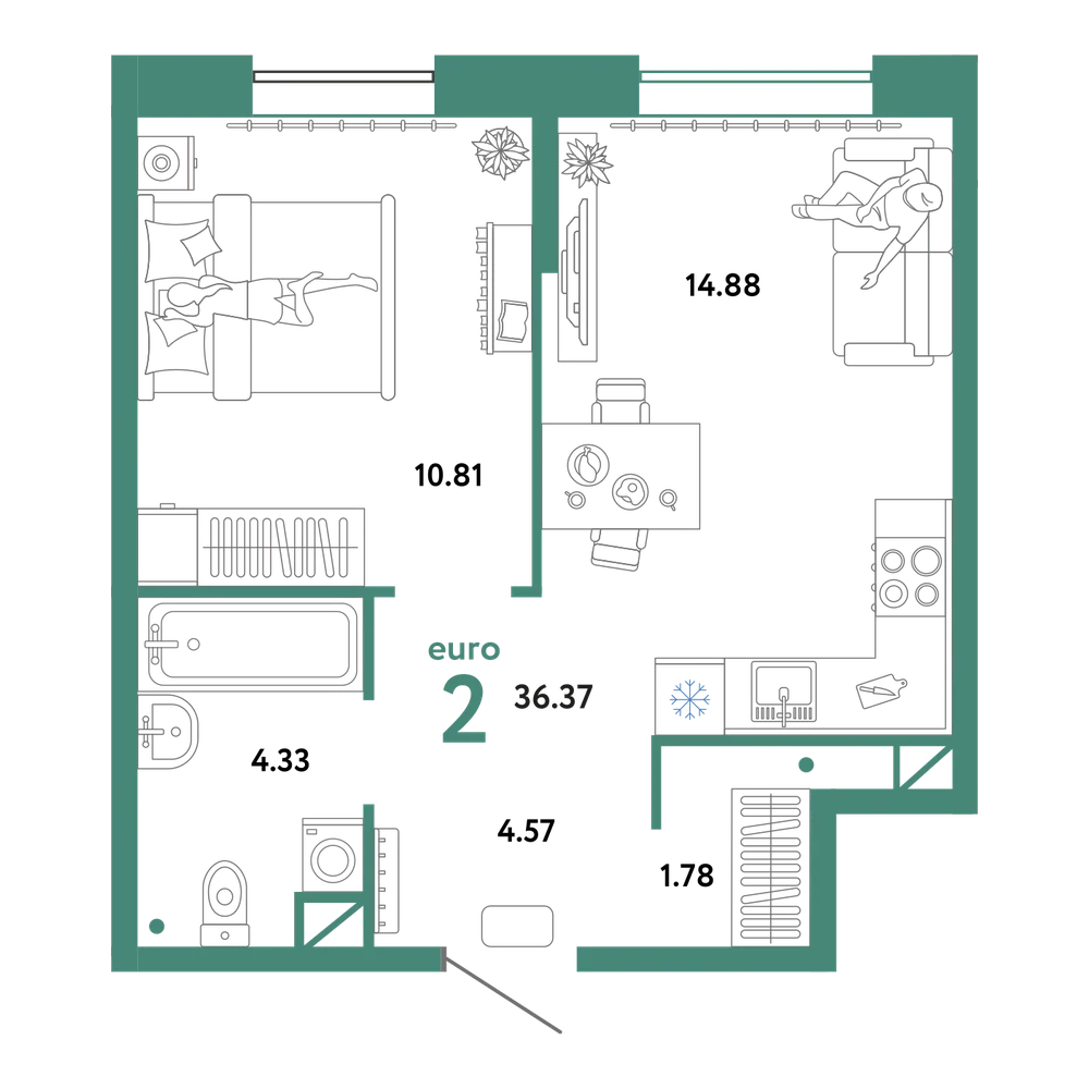 Планировка: Евродвушка 38,53 м²
