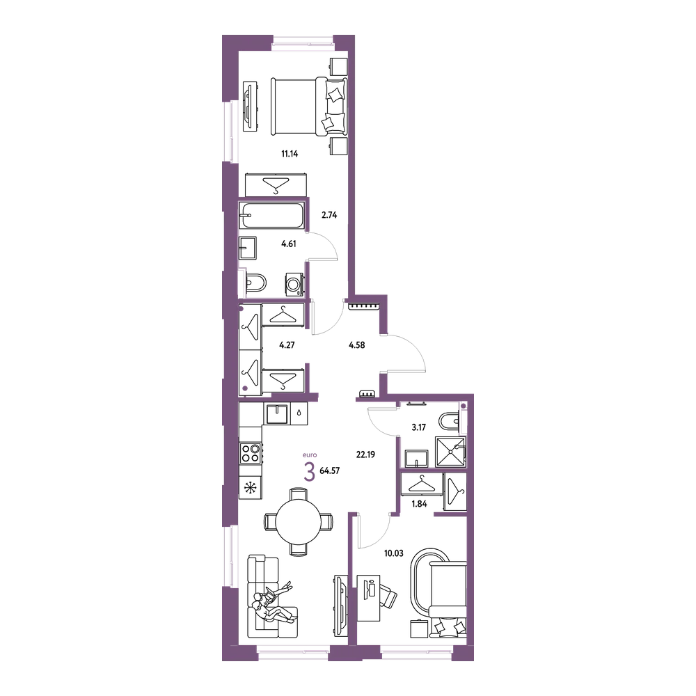 Планировка: Евротрёшка 64,57 м²