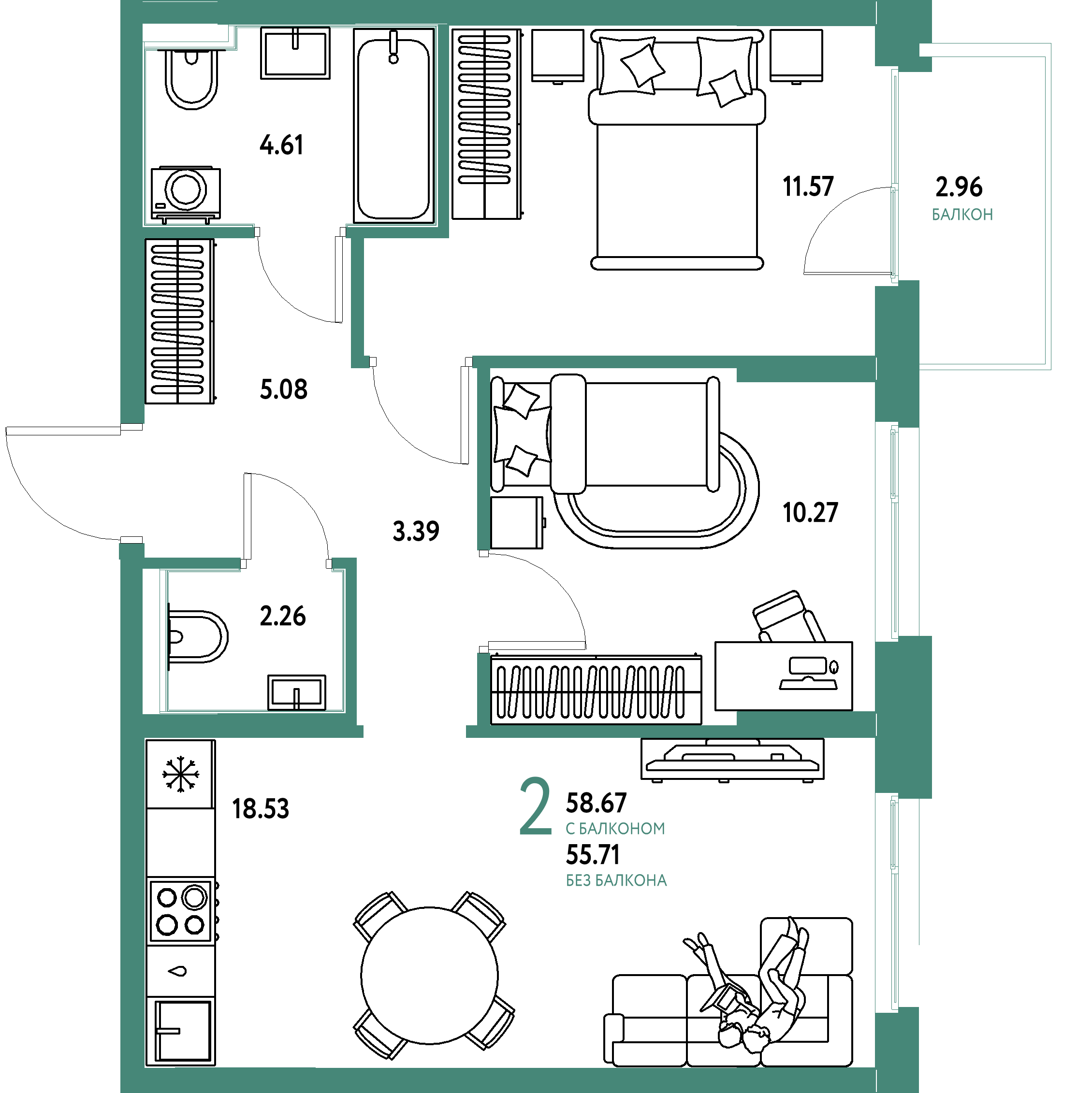 Планировка: 2-комнатная 58,39 м² в ЖК «Домашний»