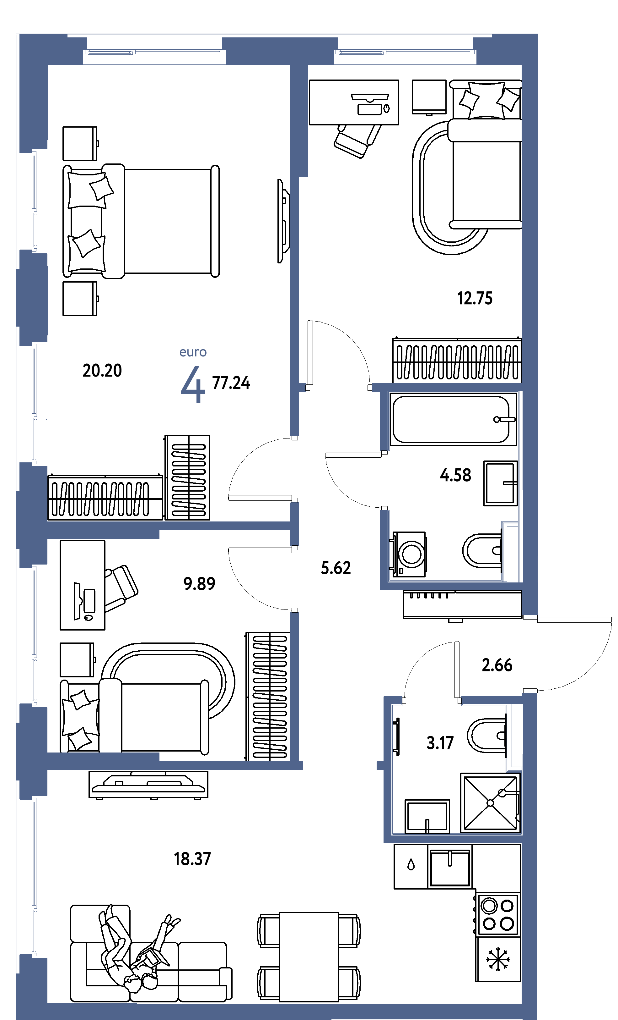 Планировка: Евро-4 77,24 м² в ЖК «Сердце Сибири»