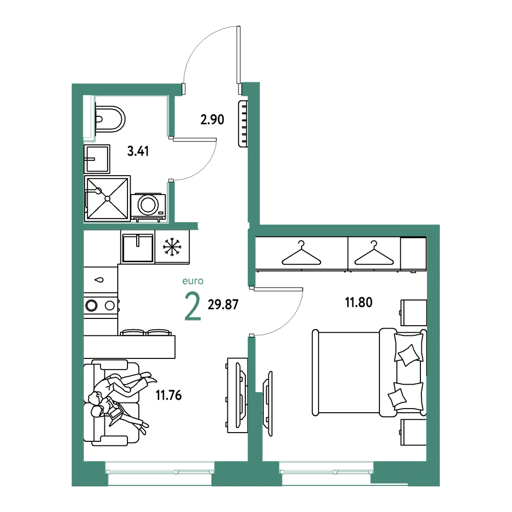 Планировка: Евродвушка 29,87 м²