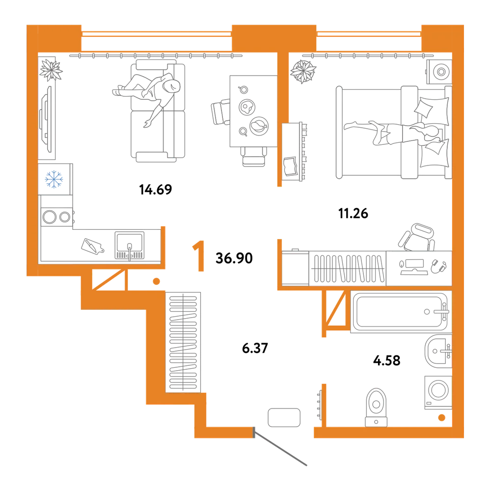 Планировка: 1-комнатная 36,9 м²