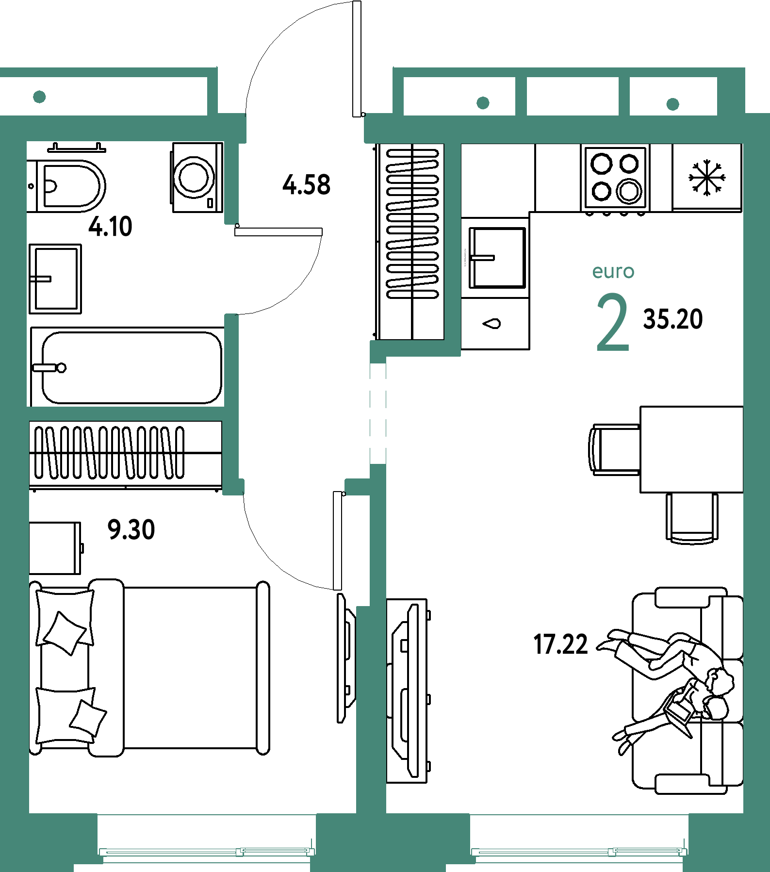 Планировка: Евродвушка 35,2 м² в ЖК «Домашний»