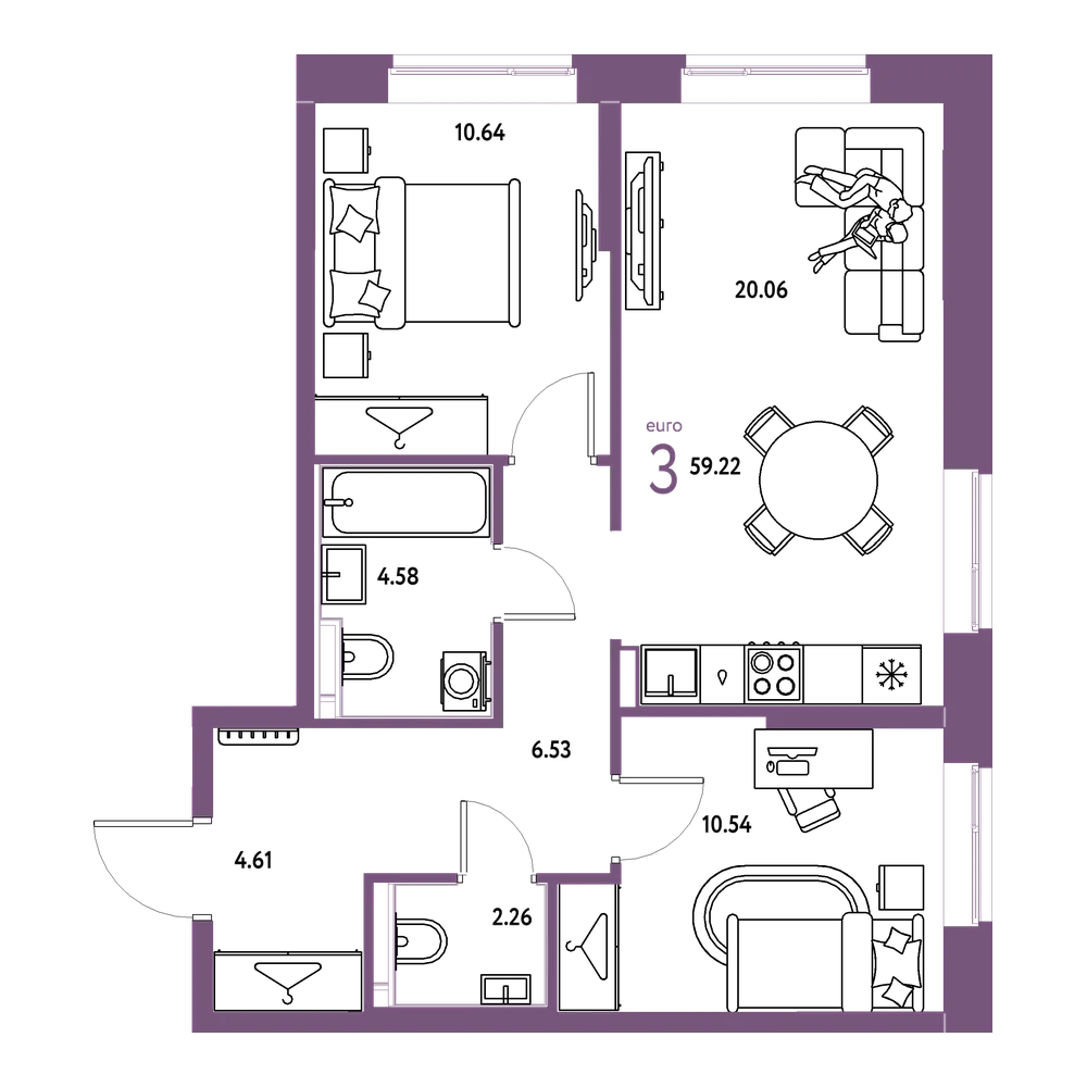 Планировка: Евротрёшка 59,22 м²