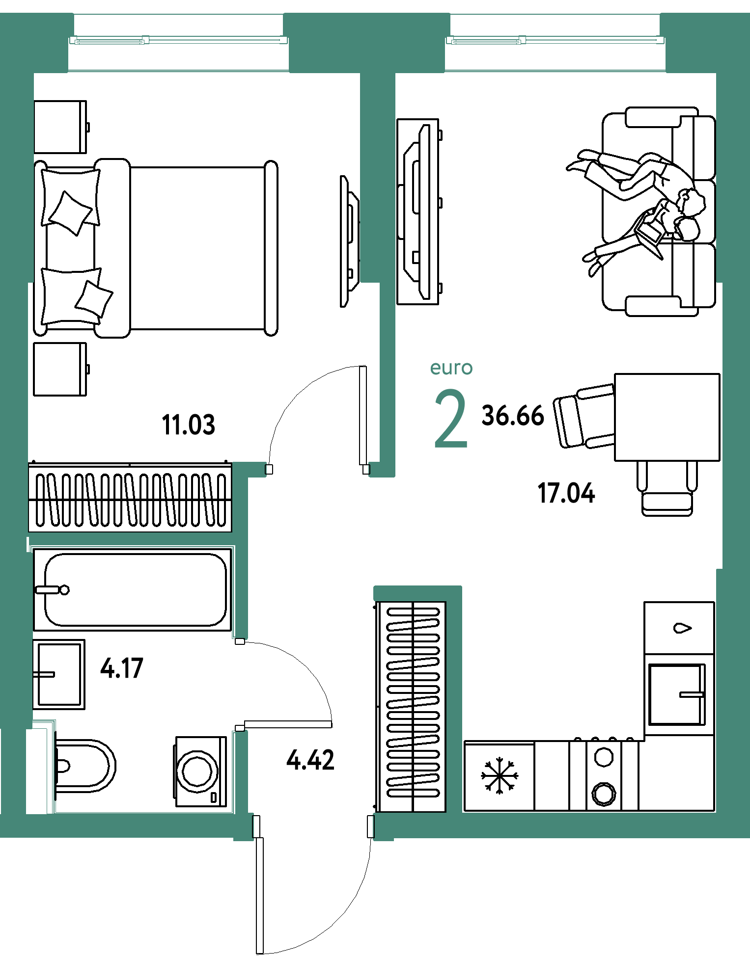 Планировка: Евродвушка 36,65 м² в ЖК «Остров-сад»