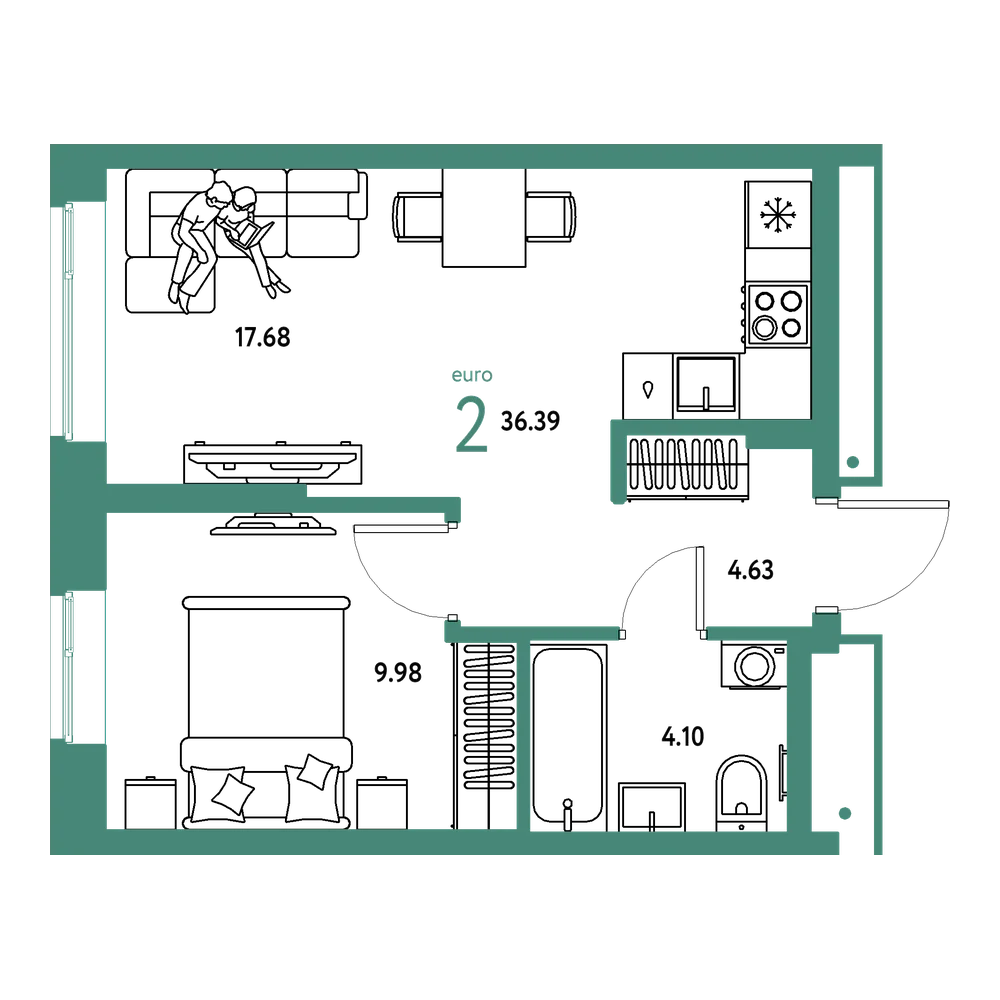 Планировка: Евродвушка 36,39 м²