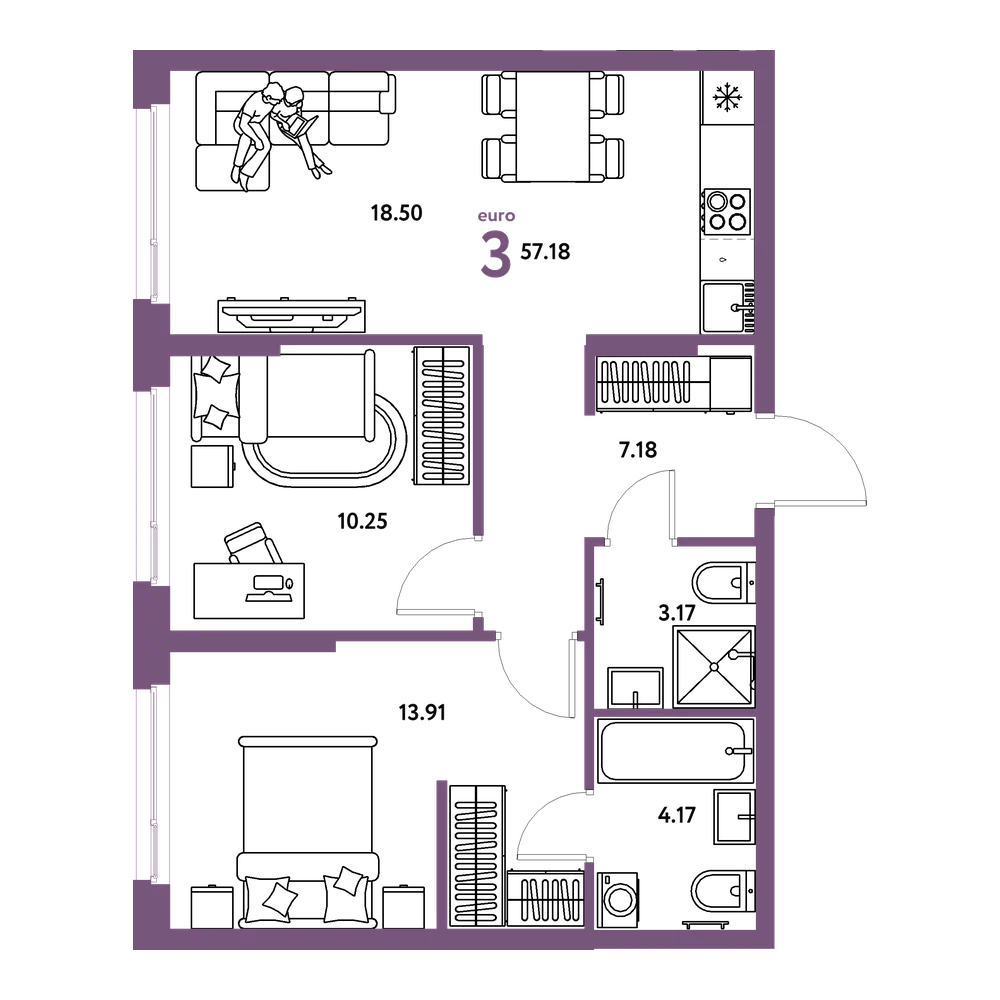 Планировка: Евротрёшка 57,18 м²