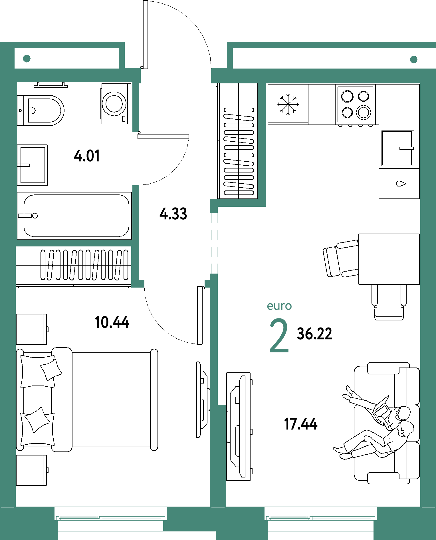 Планировка: Евродвушка 36,22 м² в ЖК «Домашний»