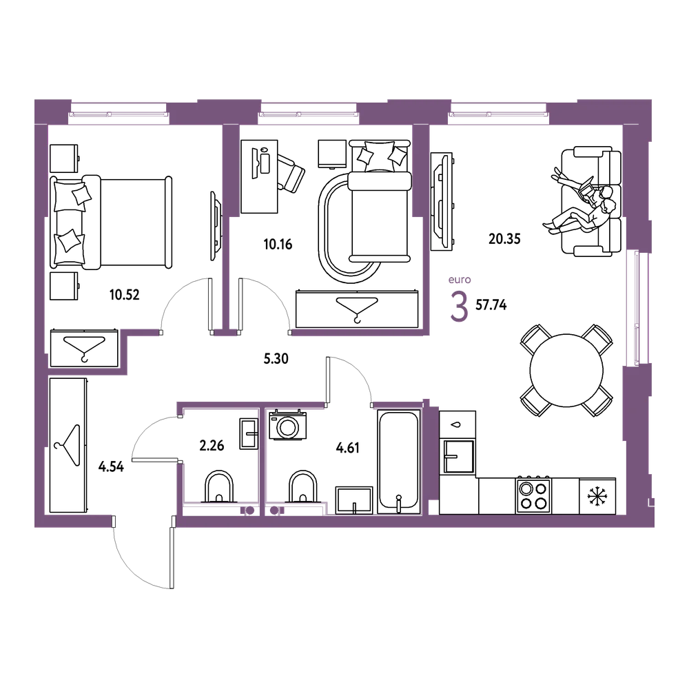 Планировка: Евротрёшка 57,74 м²