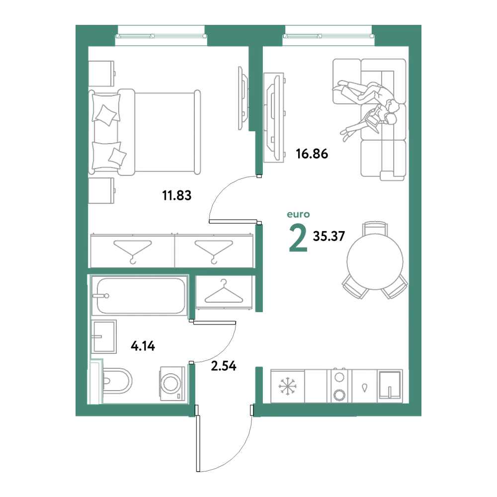 Планировка: Евродвушка 35,37 м²