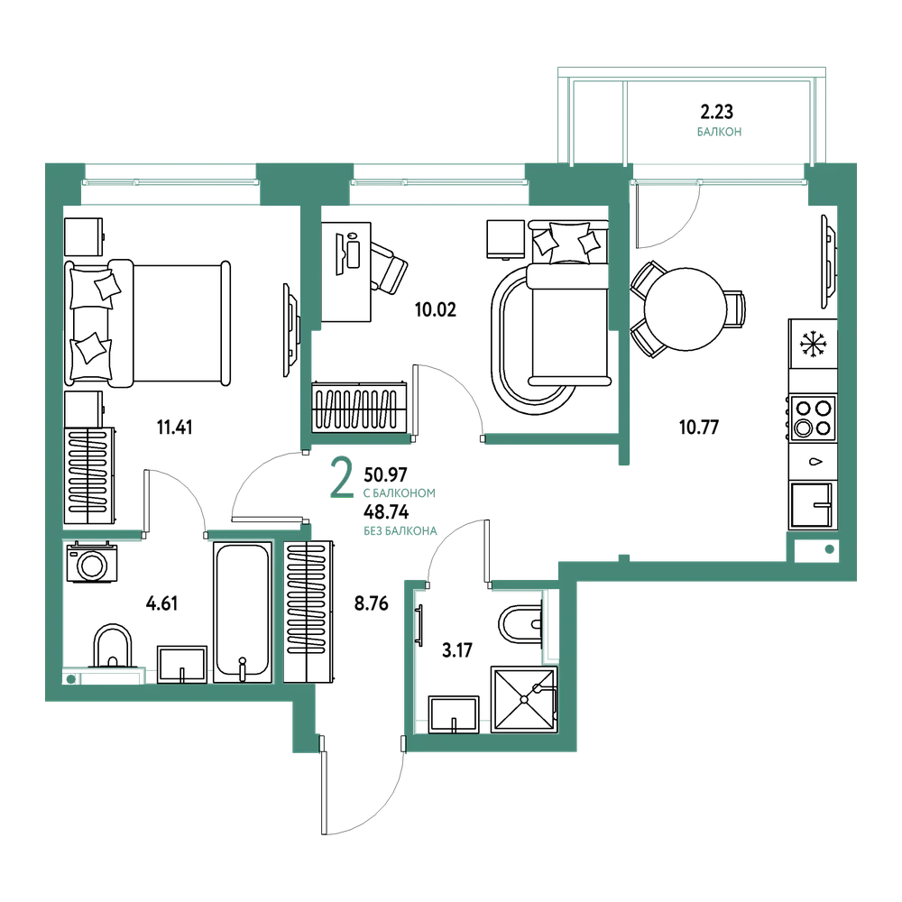 Планировка: 2-комнатная 50,97 м²