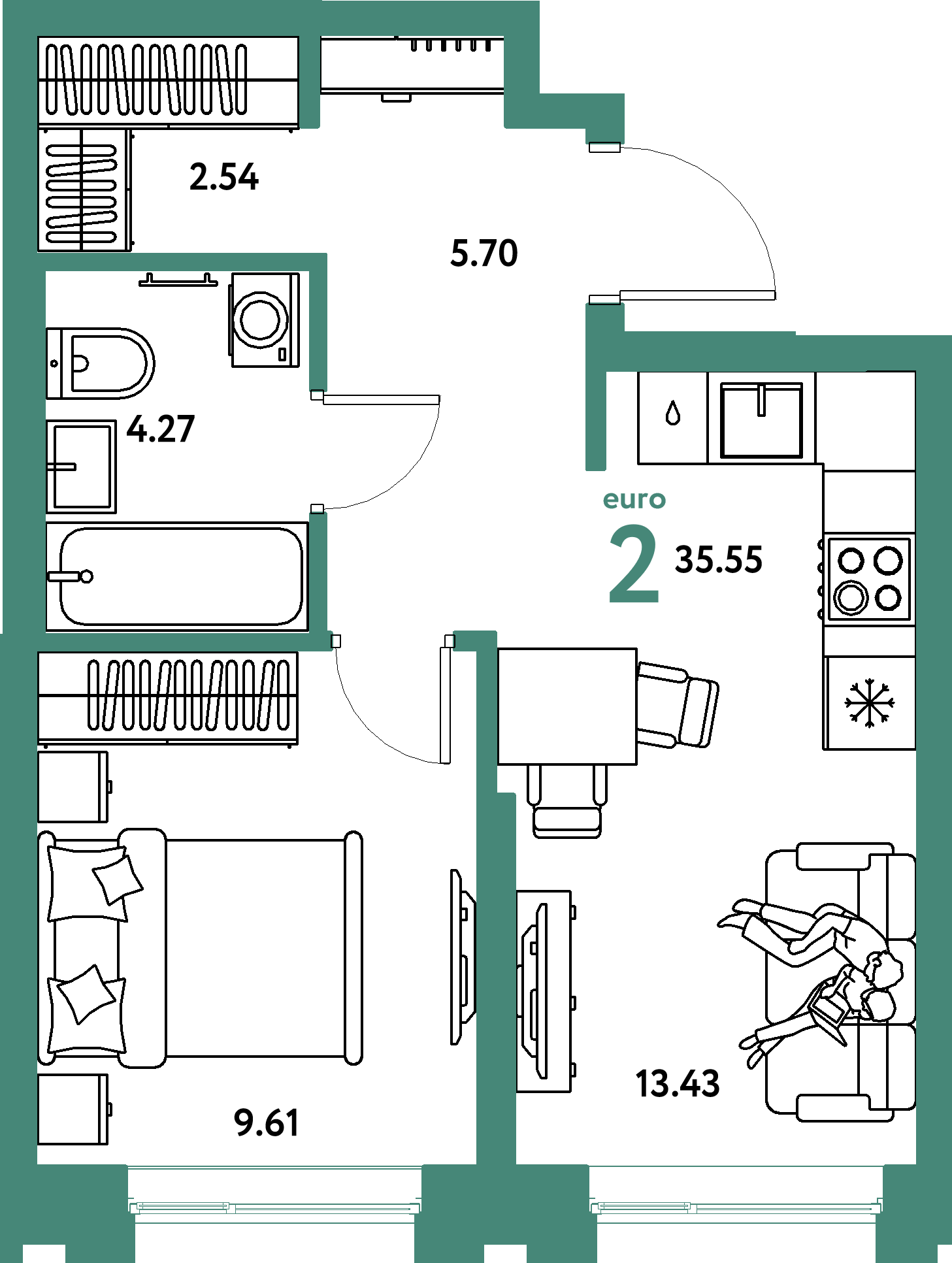 Планировка: Евродвушка 35,55 м² в ЖК «Европейский берег 2.0»