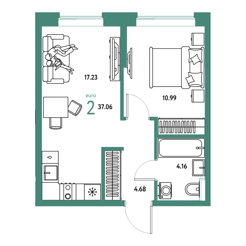 Планировка: Евродвушка 37,06 м²