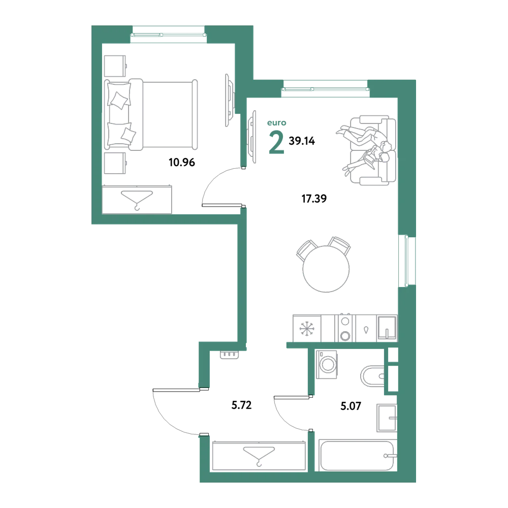 Планировка: Евродвушка 39,14 м²