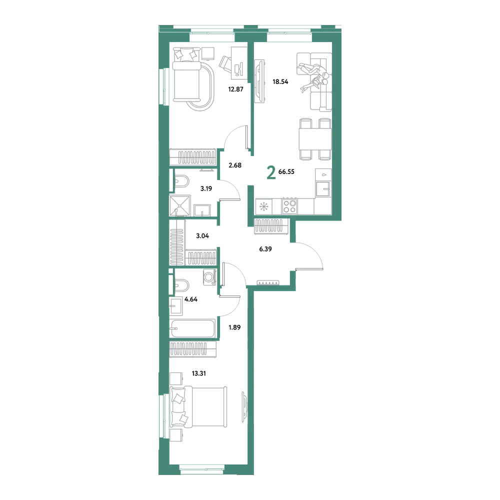 Планировка: Евродвушка 66,55 м²