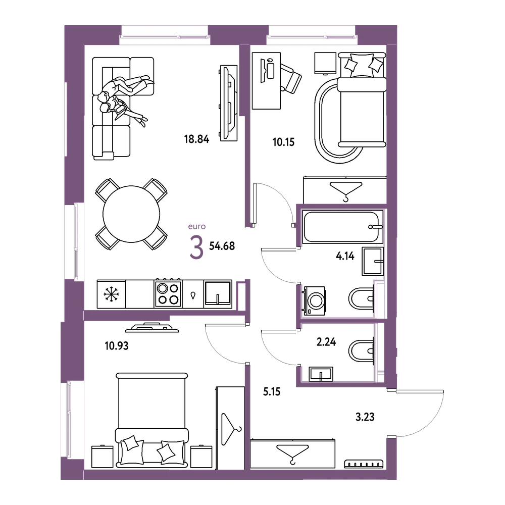Планировка: Евротрёшка 54,7 м²
