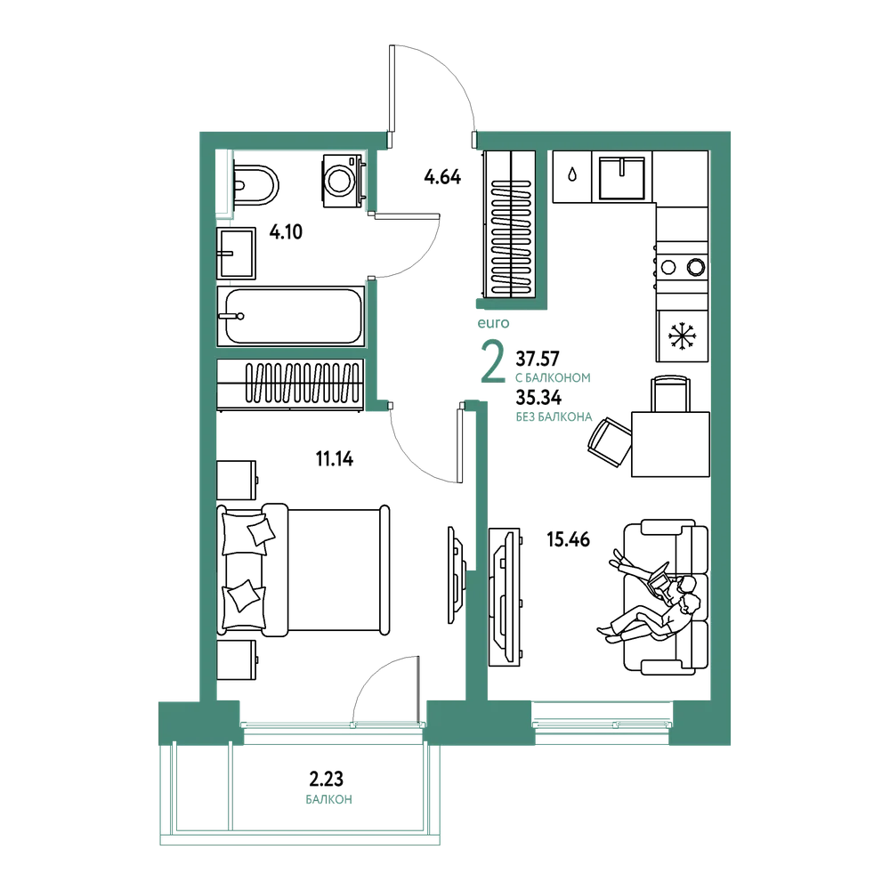 Планировка: Евродвушка 37,64 м²