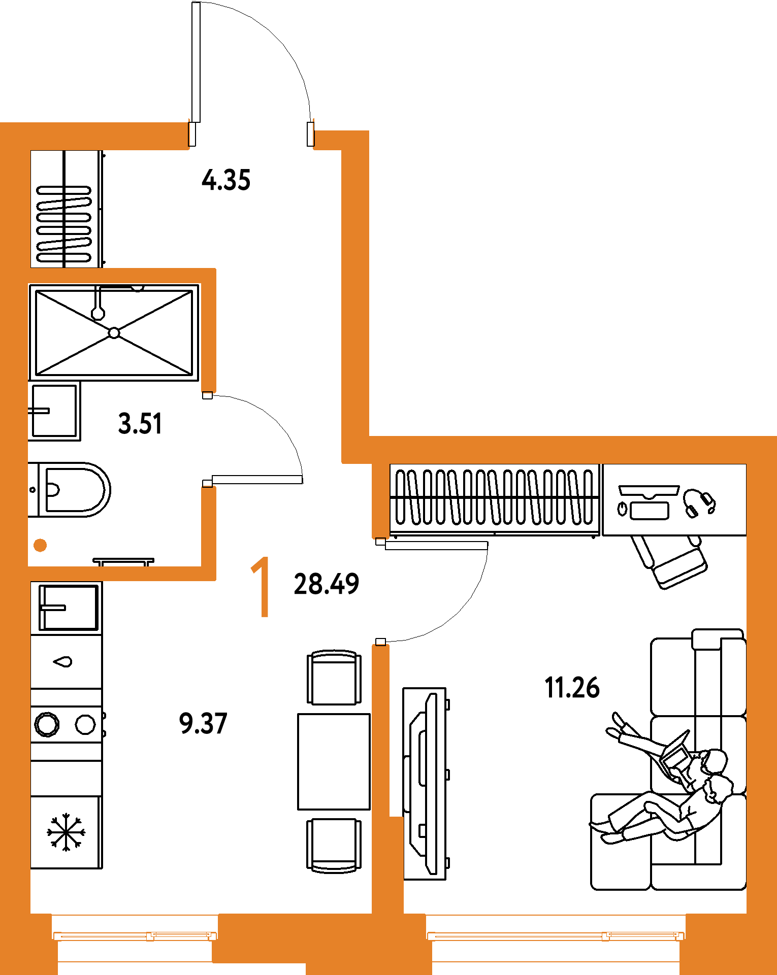 Планировка: 1-комнатная 28,49 м² в ЖК «Домашний»