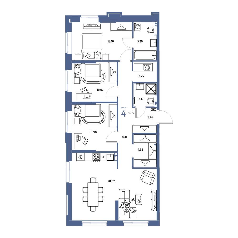 Планировка: Евро-4 90,99 м²
