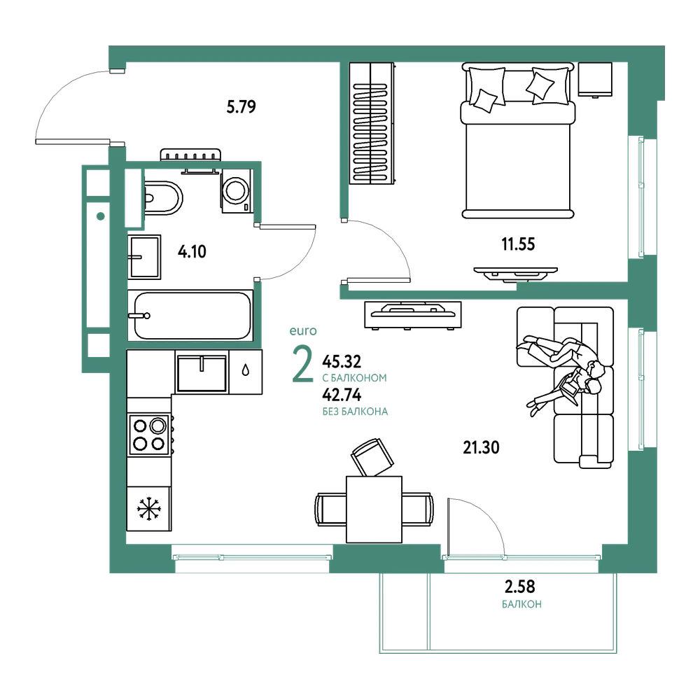 Планировка: Евродвушка 45,32 м²