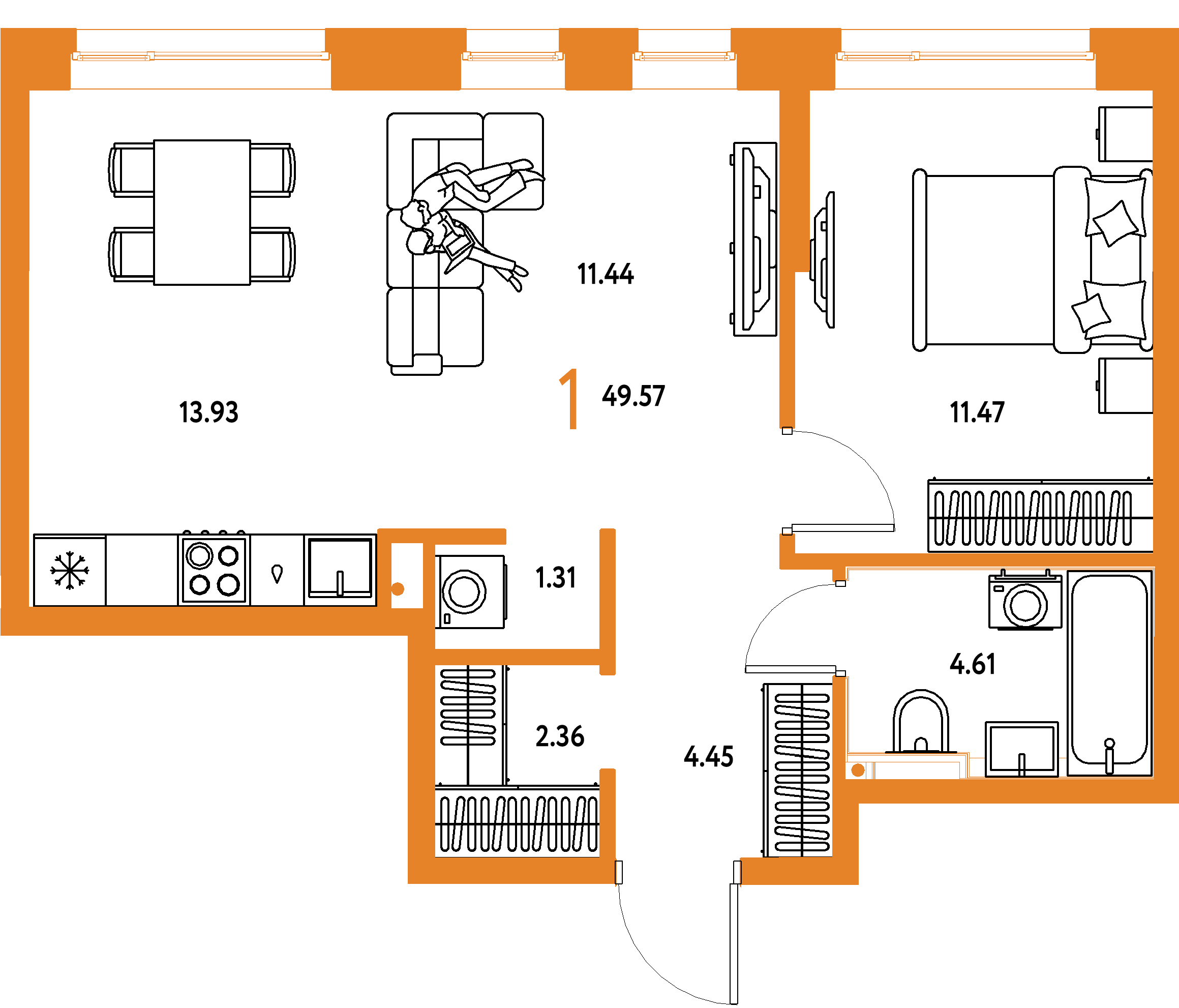 Планировка: 1-комнатная 49,57 м² в ЖК «Остров-сад»