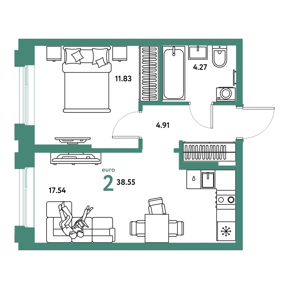 Планировка: Евродвушка 38,55 м²