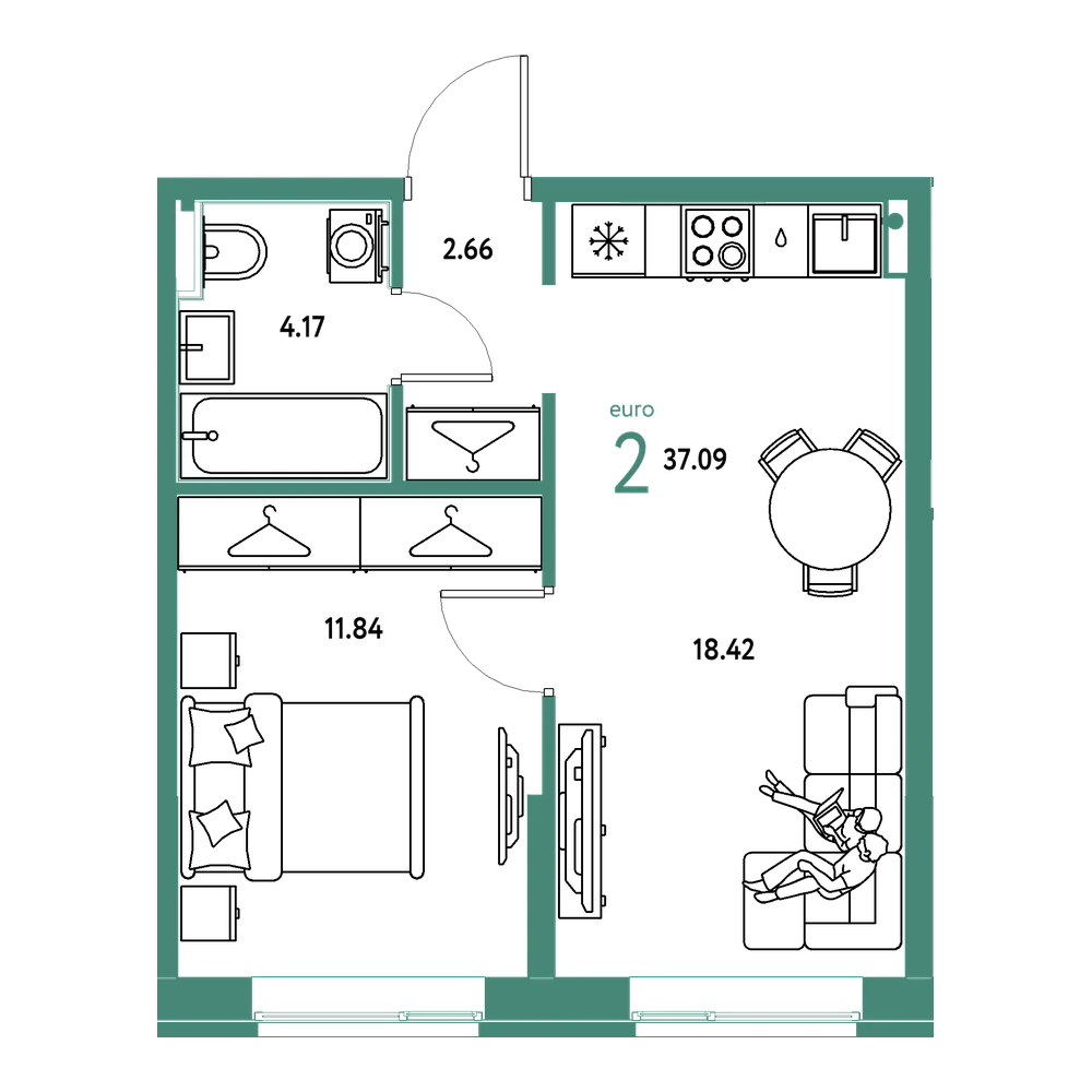 Планировка: Евродвушка 37,09 м²