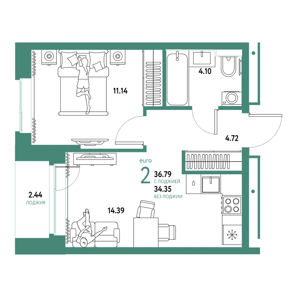Планировка: Евродвушка 36,79 м²