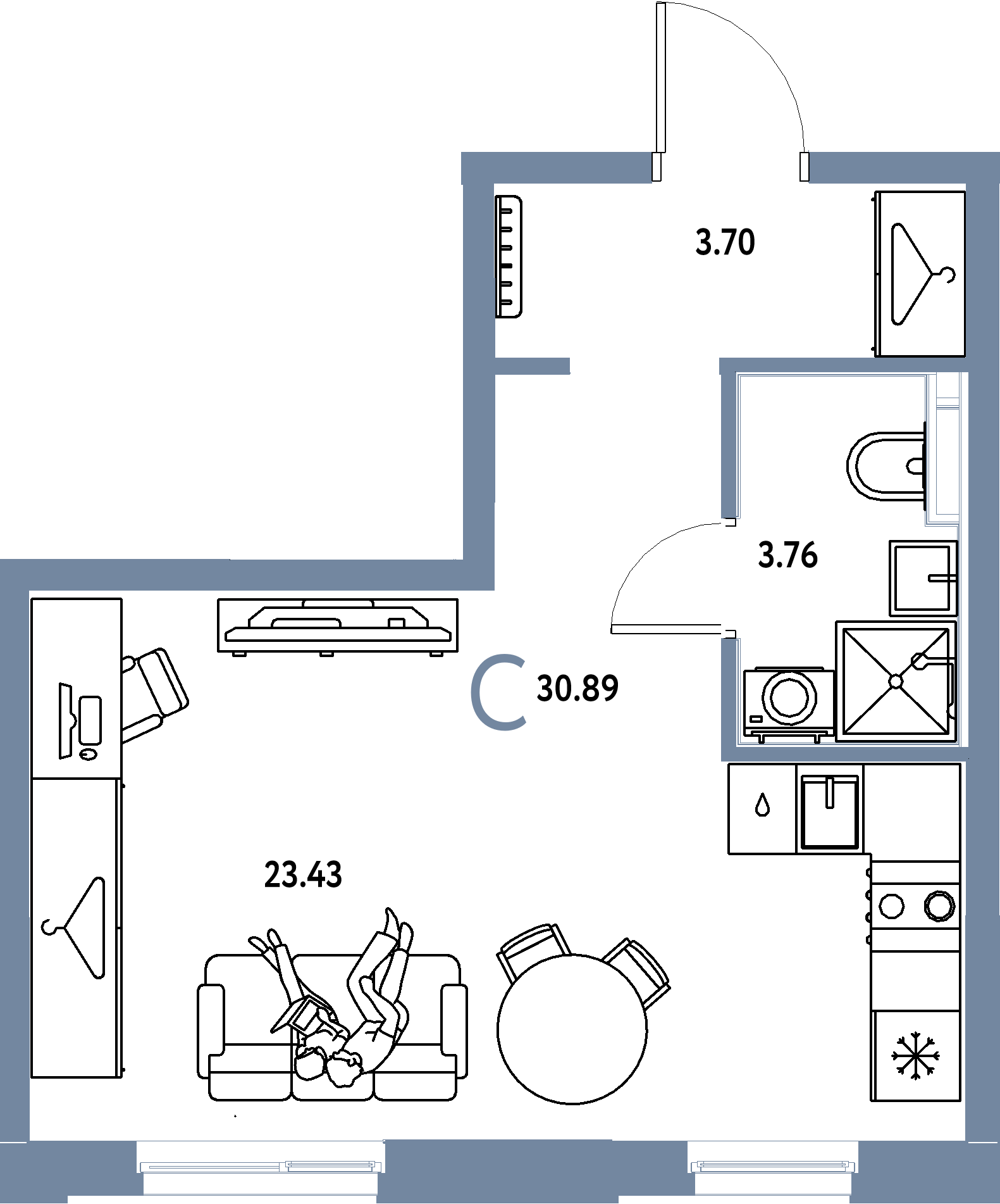 Планировка: Студия 30,89 м² в ЖК «Европейский берег 2.0»