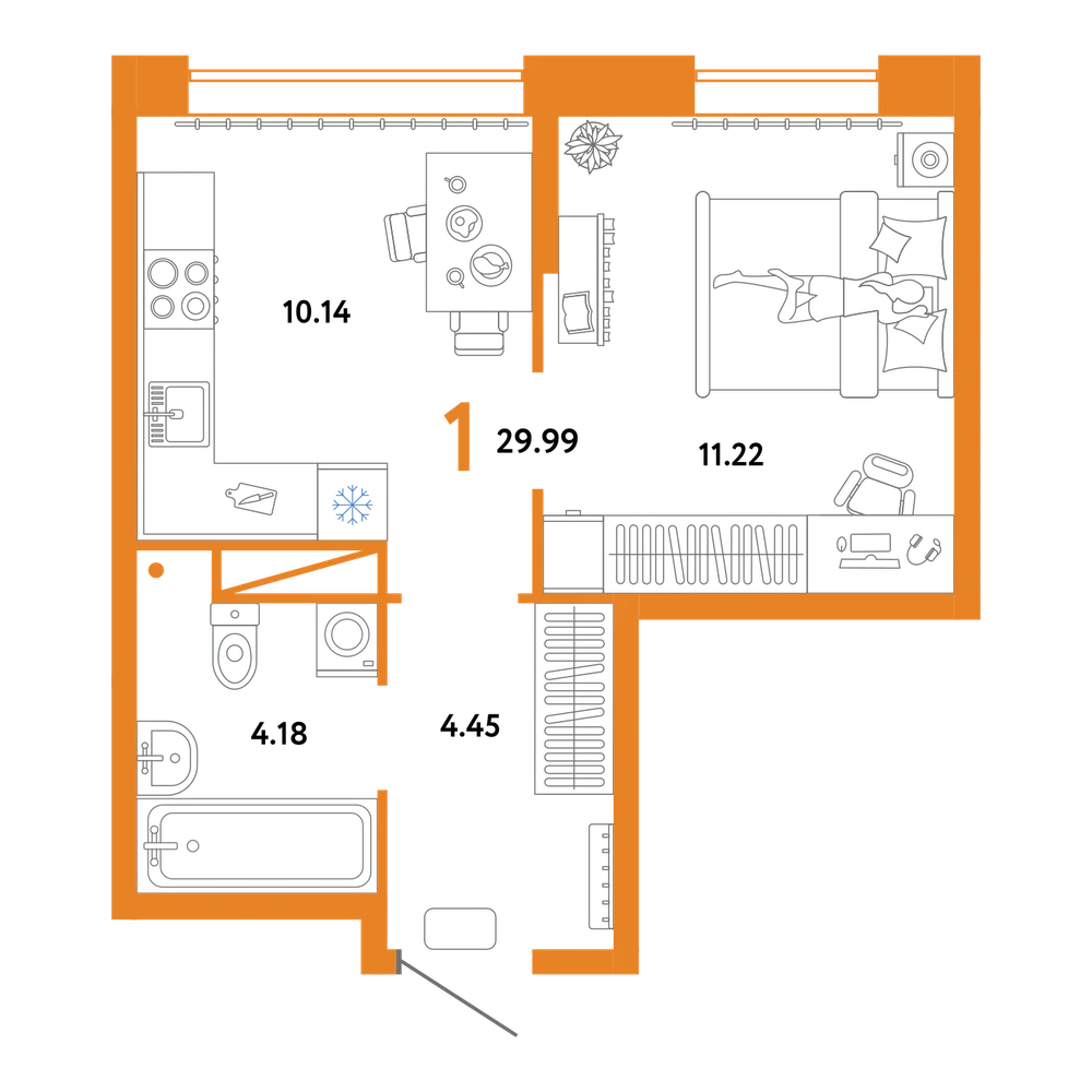 Планировка: 1-комнатная 29,99 м²