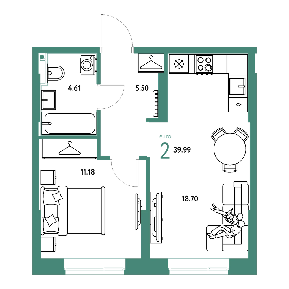 Планировка: Евродвушка 39,99 м²
