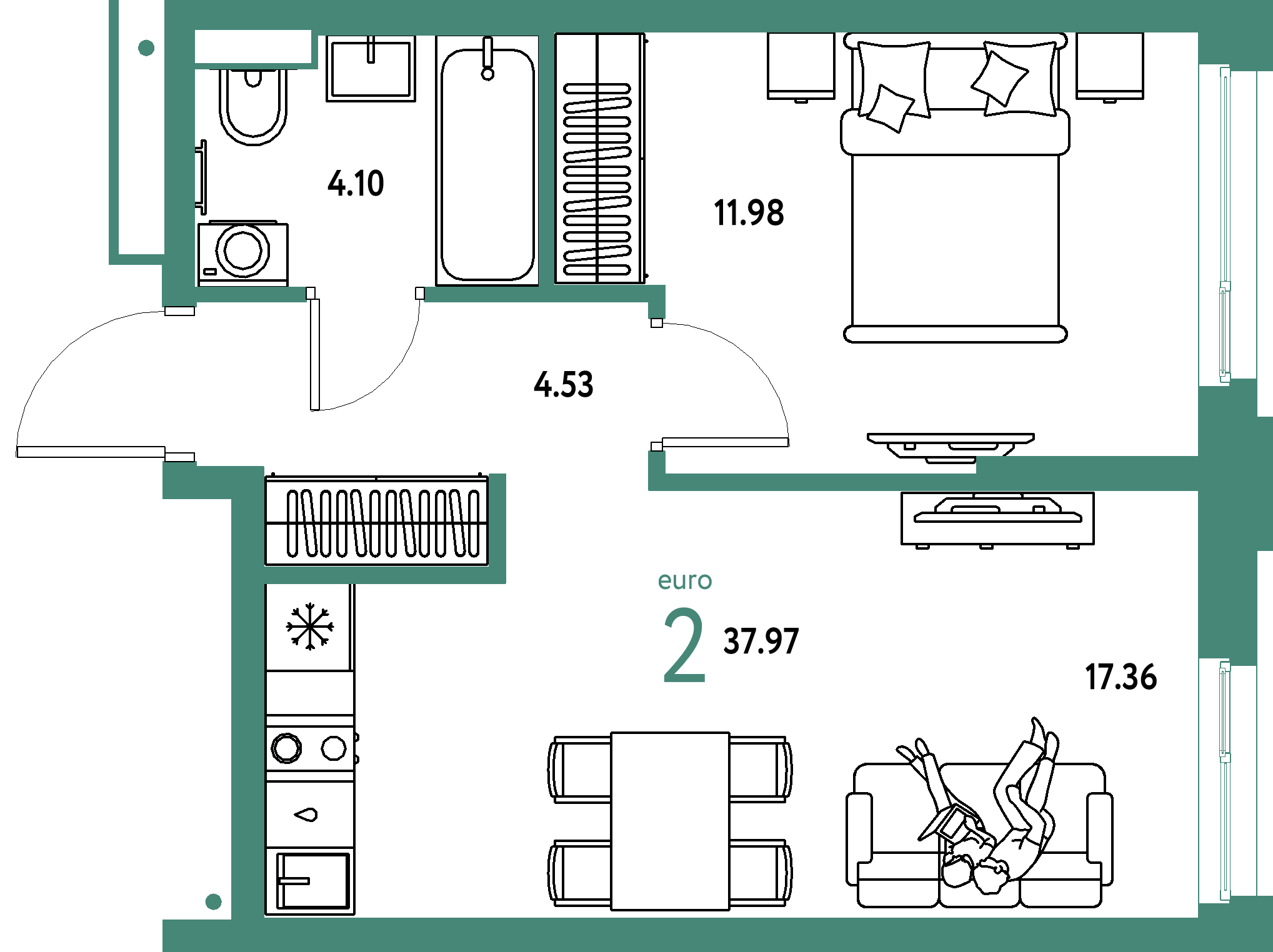 Планировка: Евродвушка 37,97 м² в ЖК «Авторский»