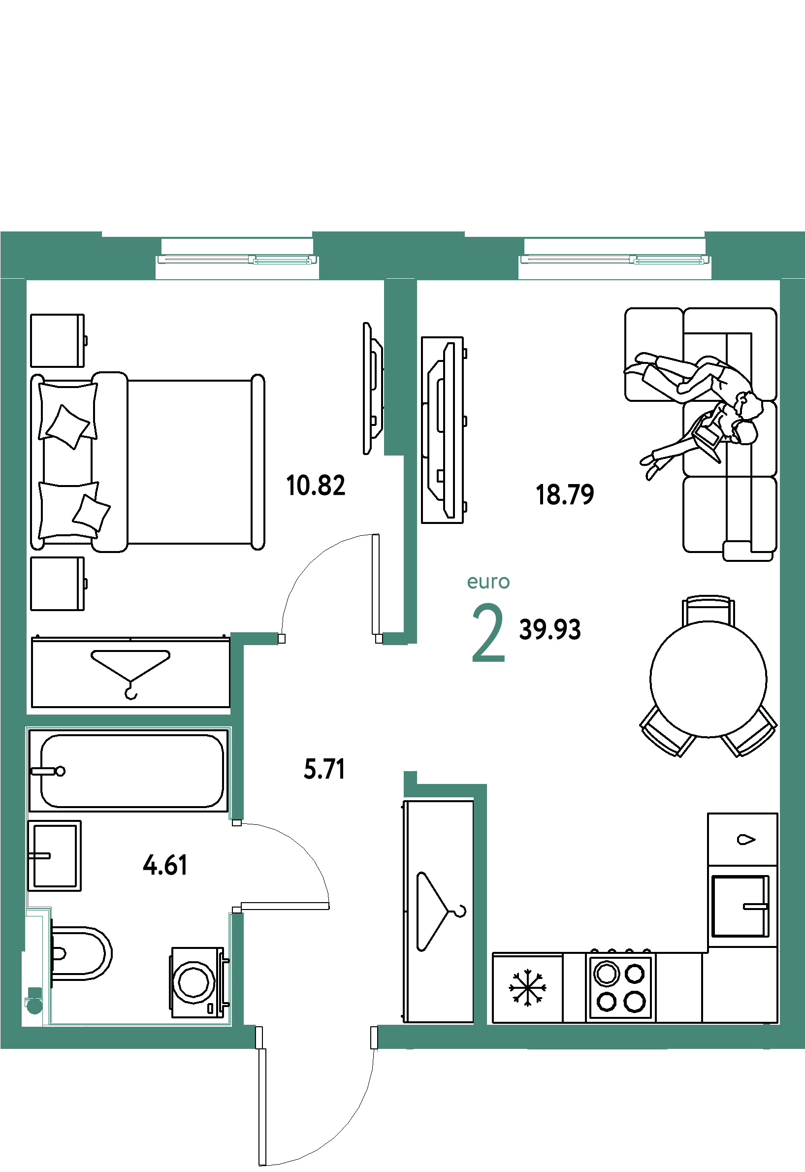 Планировка: Евродвушка 39,93 м² в ЖК «Европейский берег 2.0»
