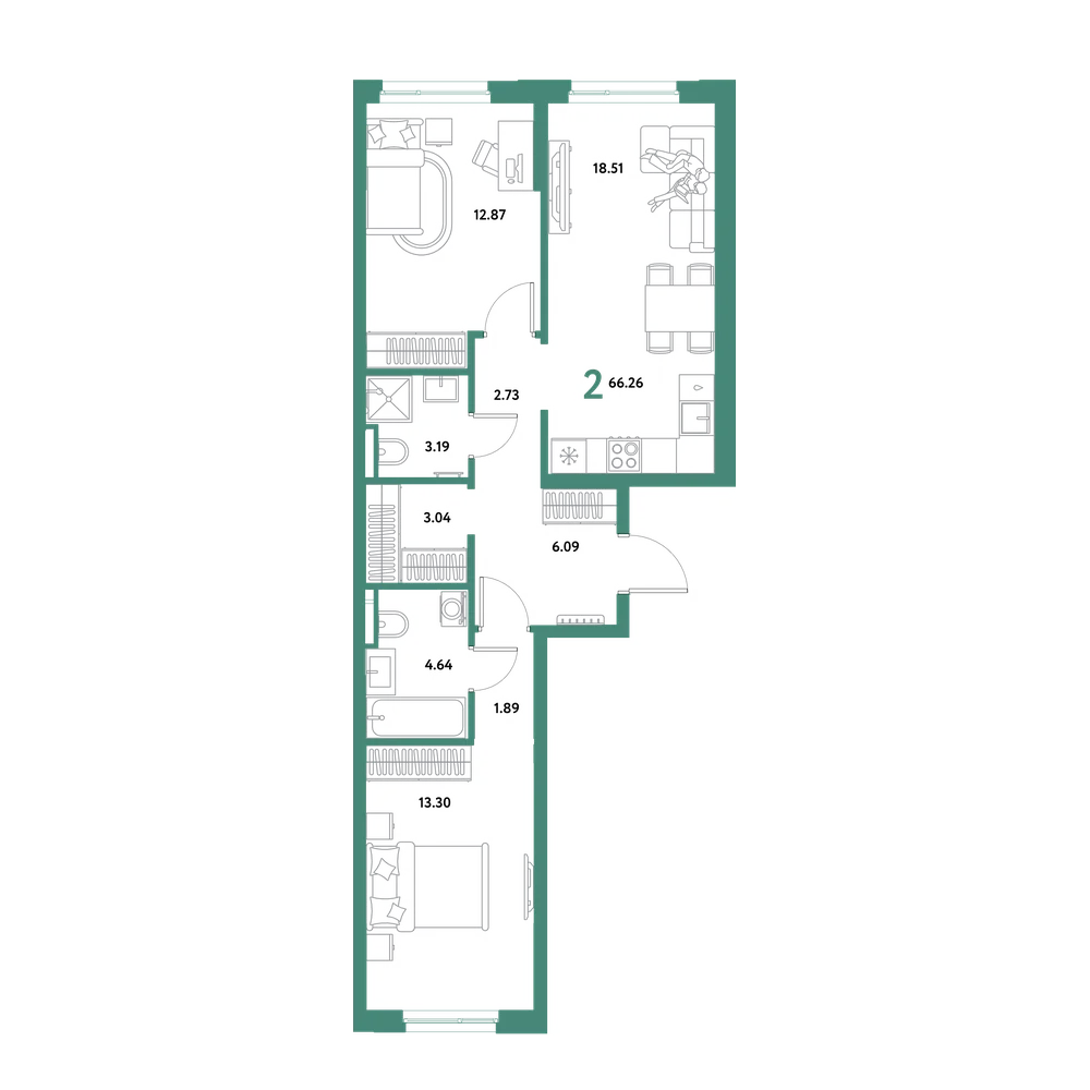 Планировка: 2-комнатная 66,26 м²