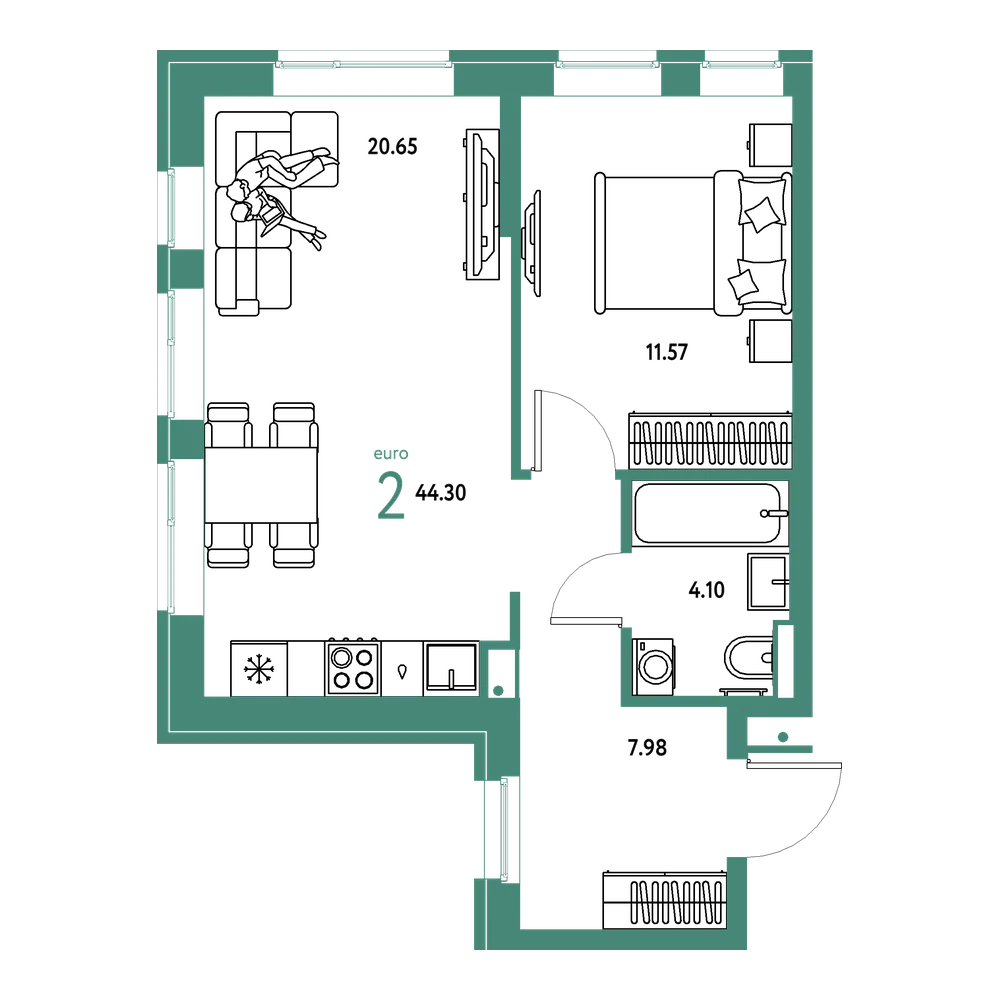 Планировка: Евродвушка 44,3 м²