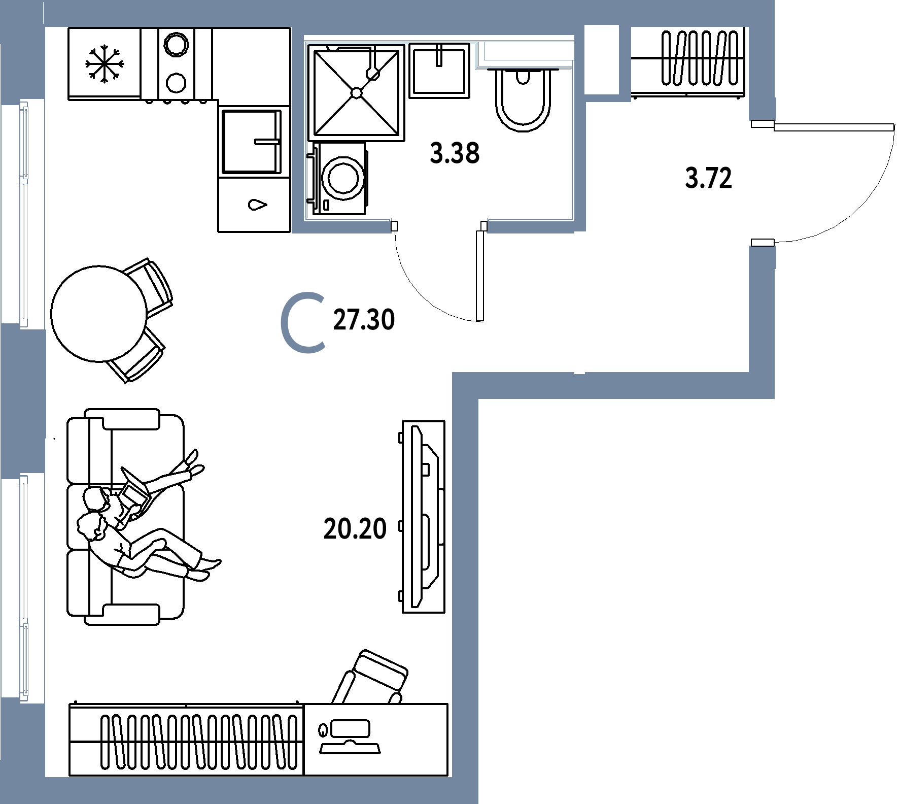 Планировка: Студия 27,3 м² в ЖК «Сердце Сибири»
