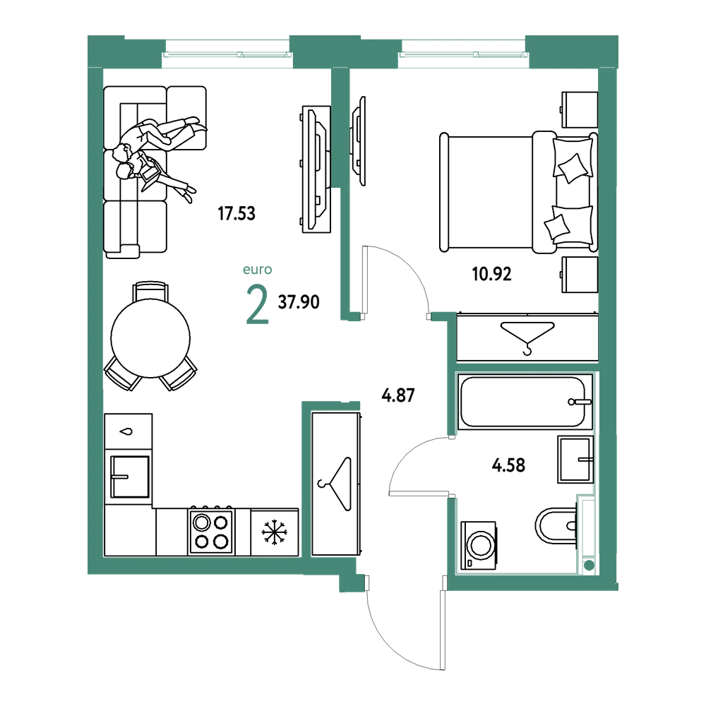 Планировка: Евродвушка 37,9 м²