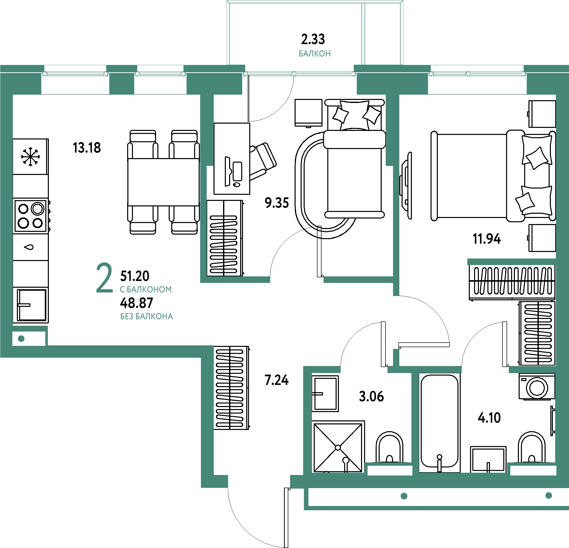 Планировка: Евродвушка 51,2 м² в ЖК «Домашний»