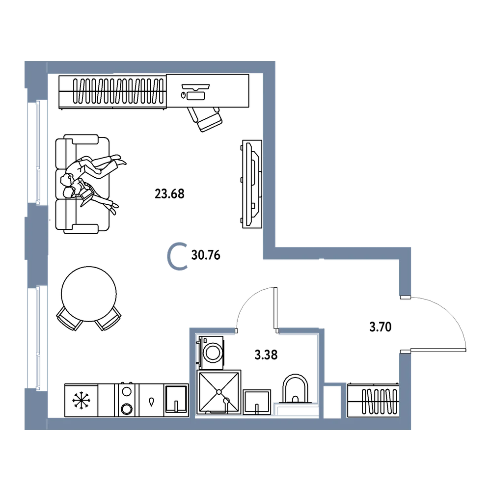 Планировка: Студия 30,76 м²
