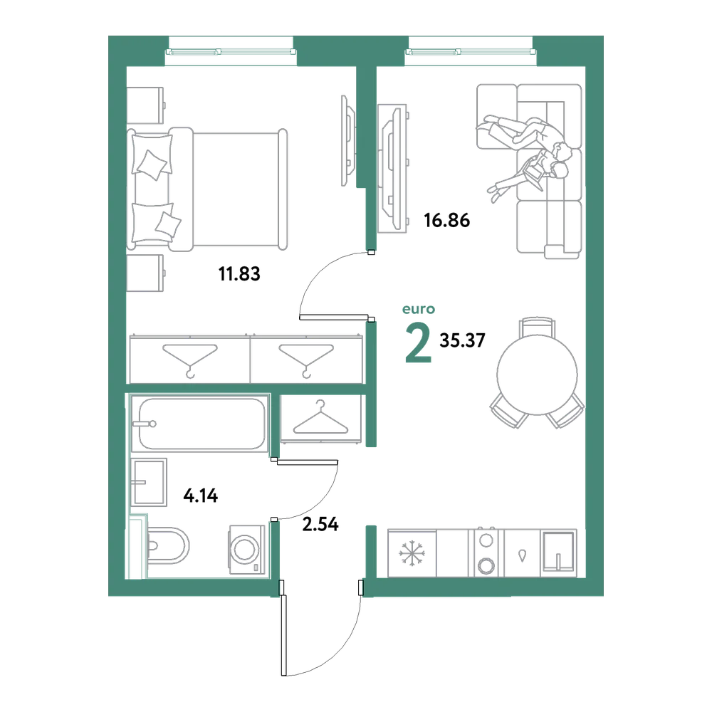 Планировка: Евродвушка 35,37 м²