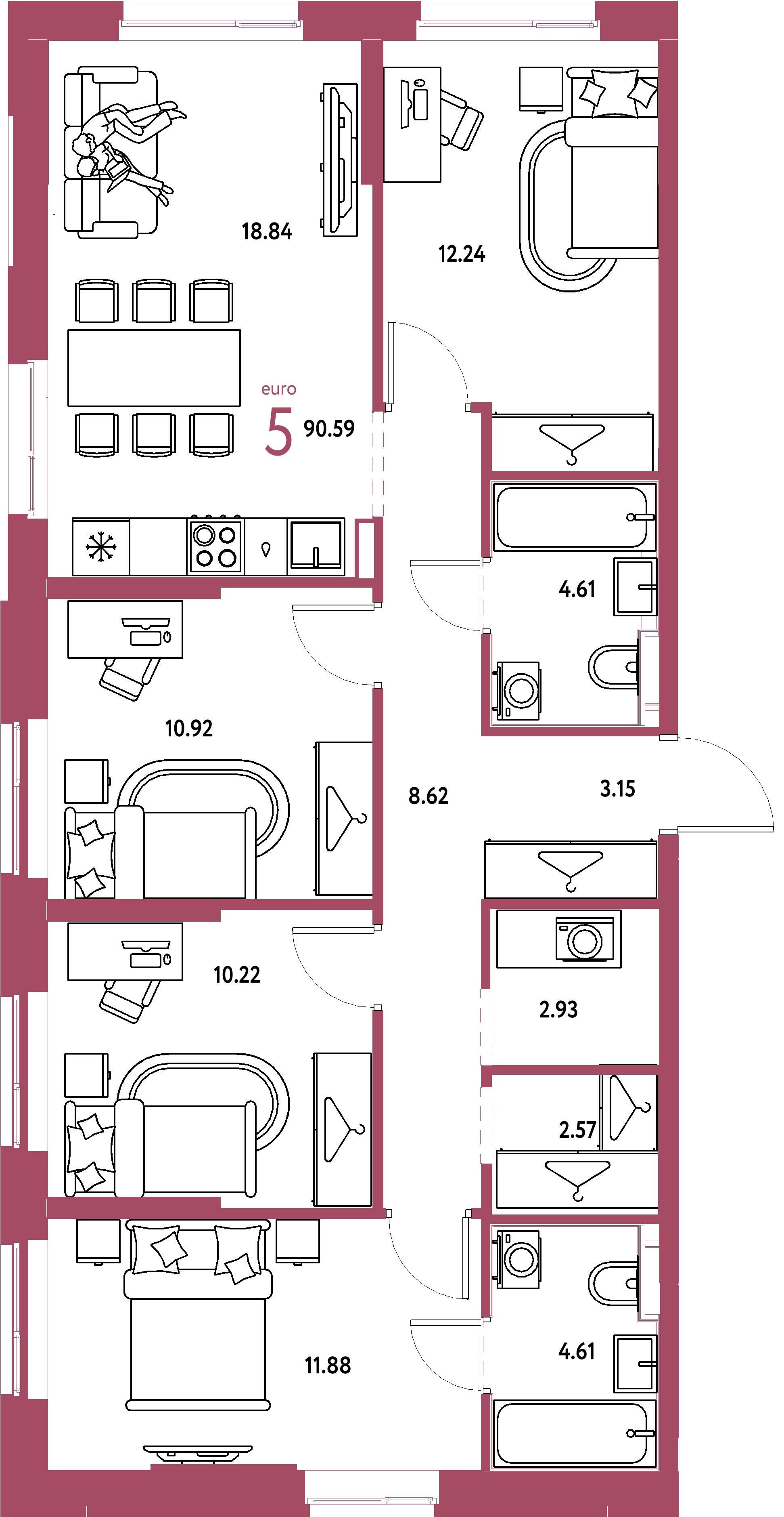 Планировка: Евро-5 90,59 м² в ЖК «Европейский берег 2.0»