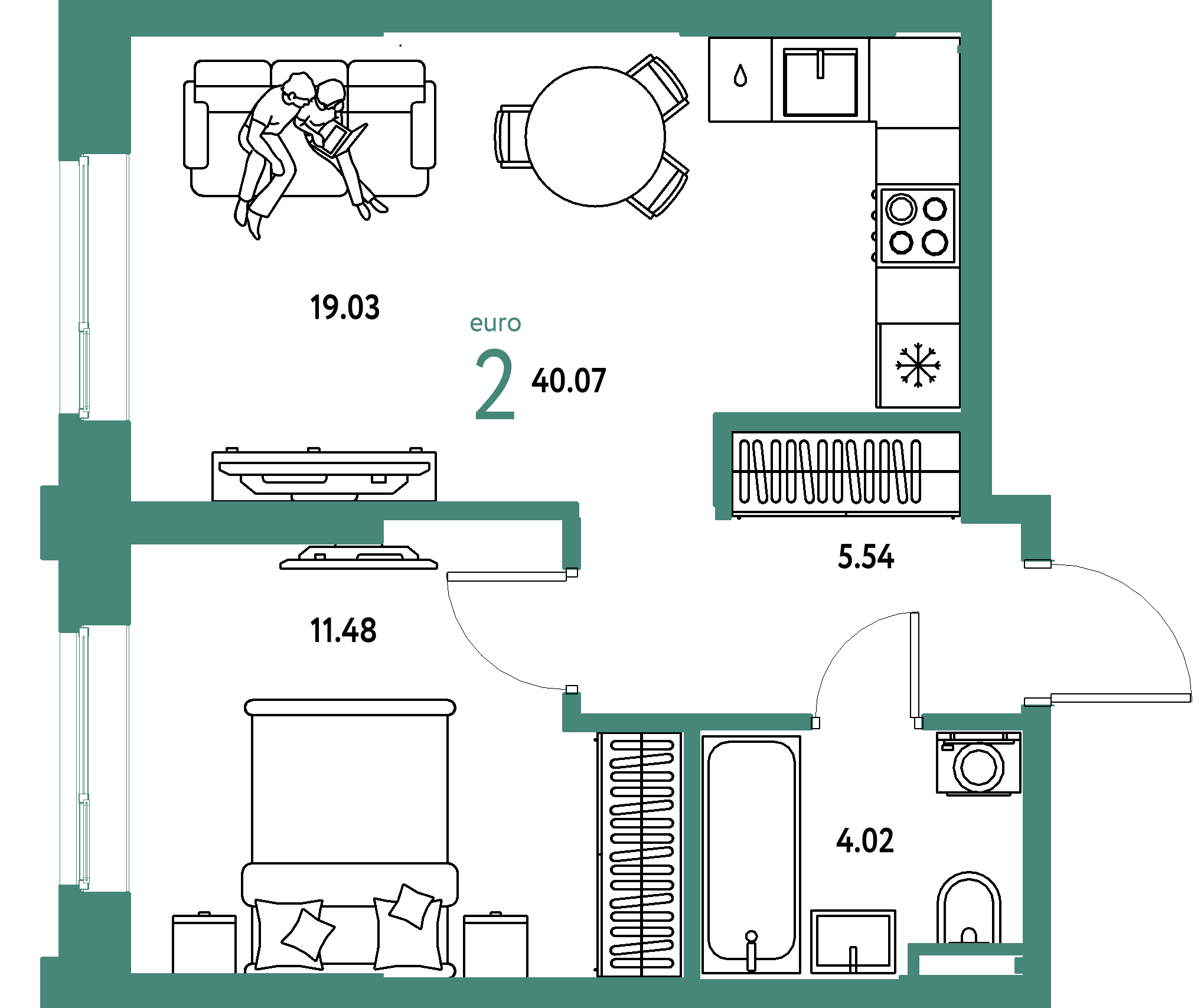 Планировка: Евродвушка 40,07 м² в ЖК «Остров-сад»