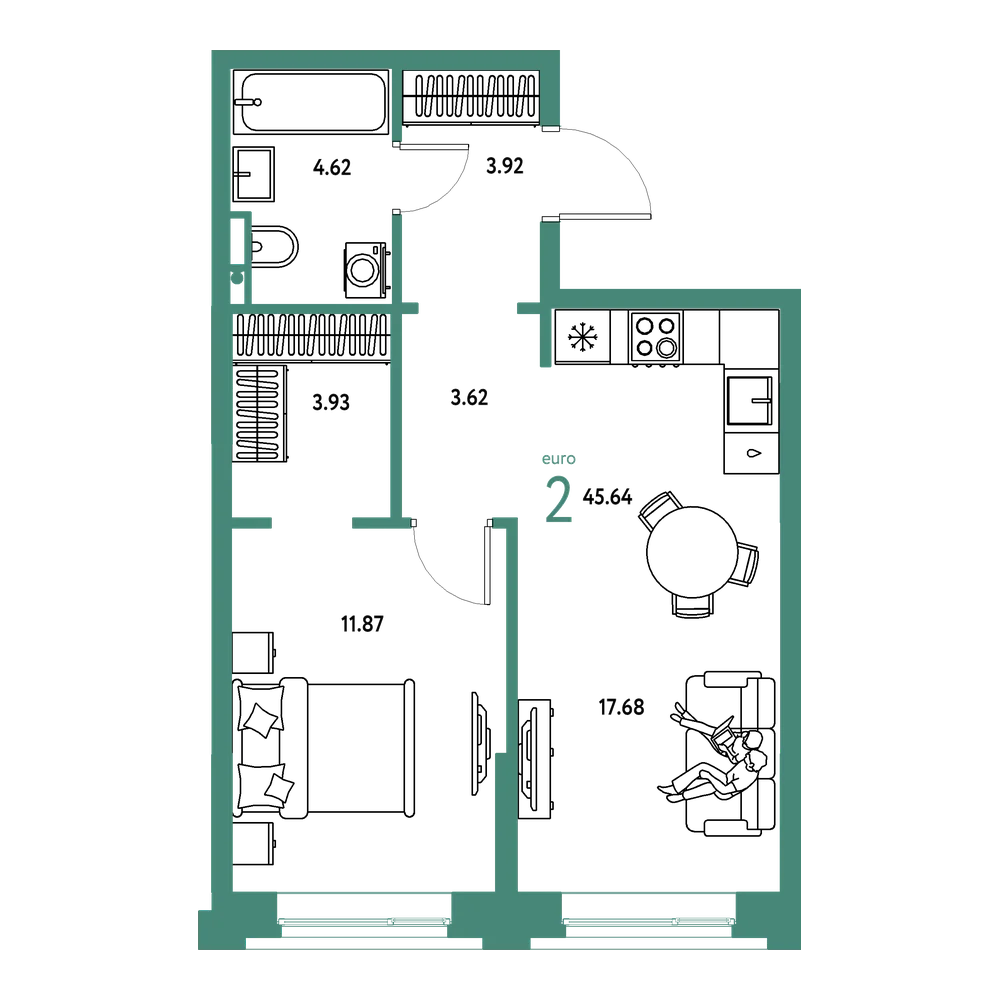 Планировка: Евродвушка 45,64 м²