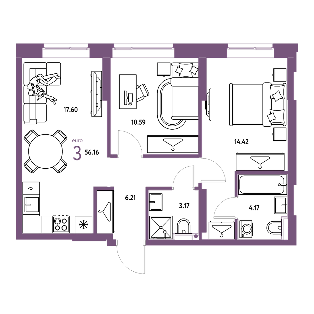 Планировка: Евротрёшка 56,16 м²