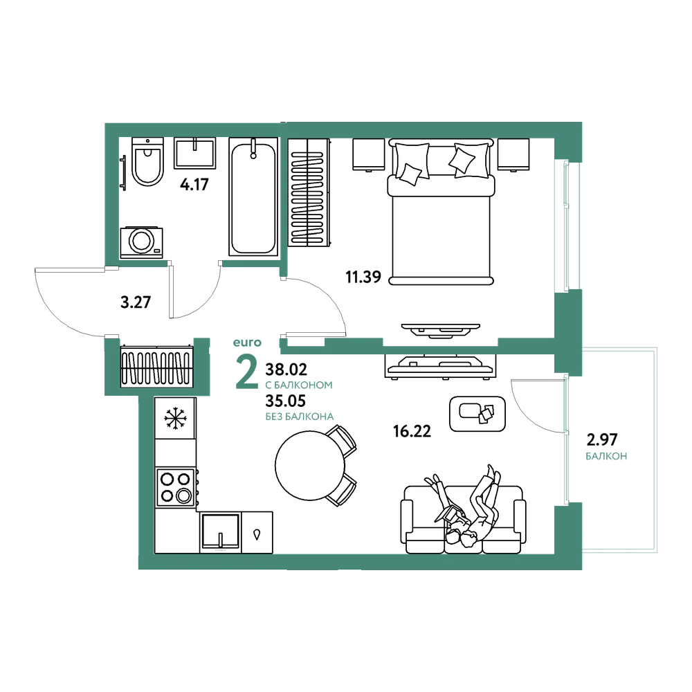 Планировка: Евродвушка 38,02 м²