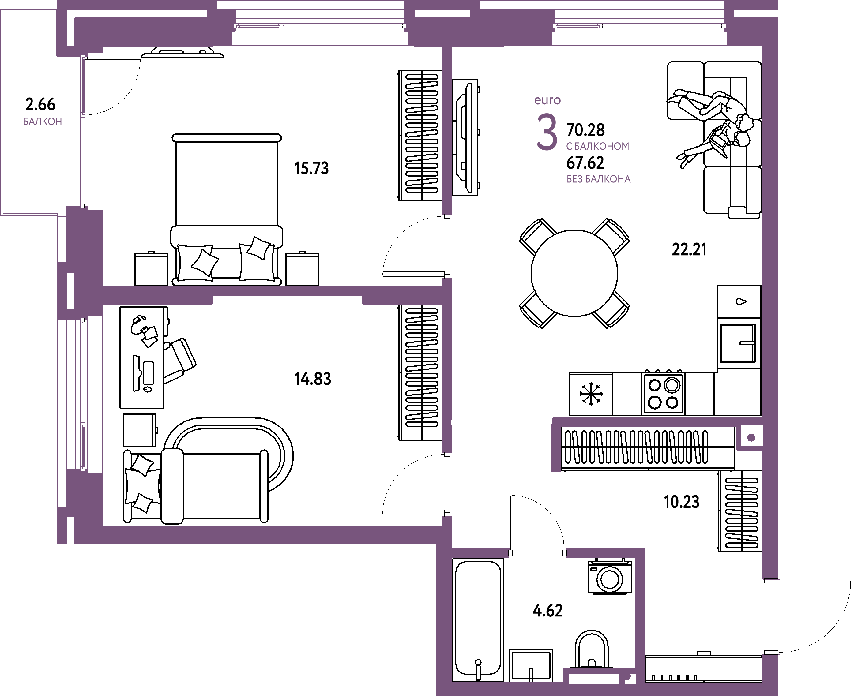 Планировка: Евротрёшка 70,28 м² в ЖК «Страна.Прибрежная»