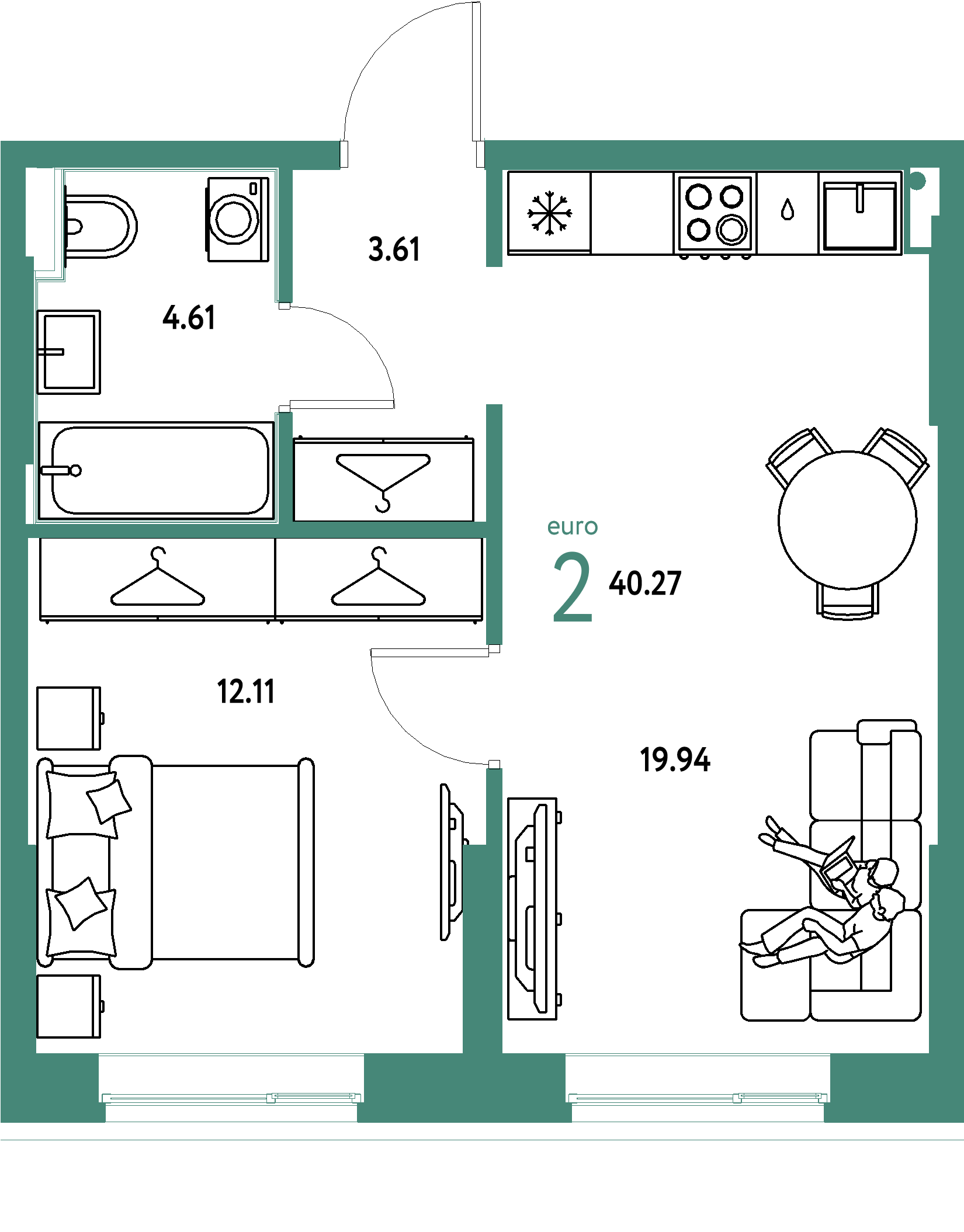 Планировка: Евродвушка 40,27 м² в ЖК «Европейский берег 2.0»