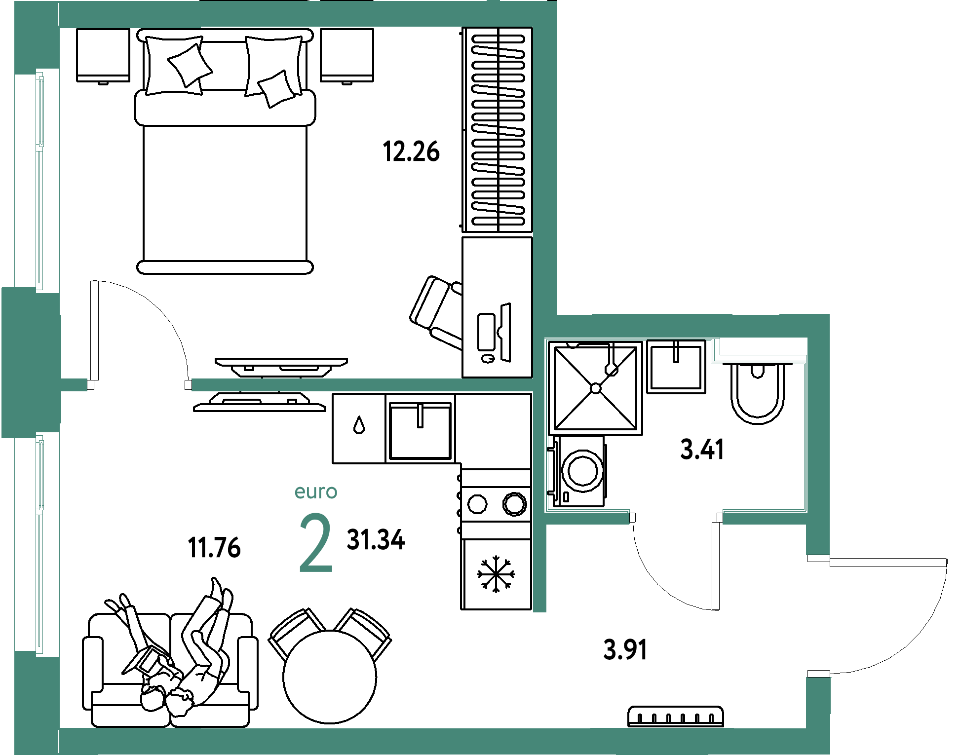 Планировка: Евродвушка 31,34 м² в ЖК «Домашний»