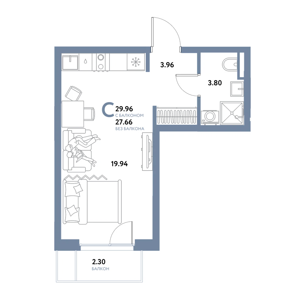 Планировка: Студия 29,96 м²